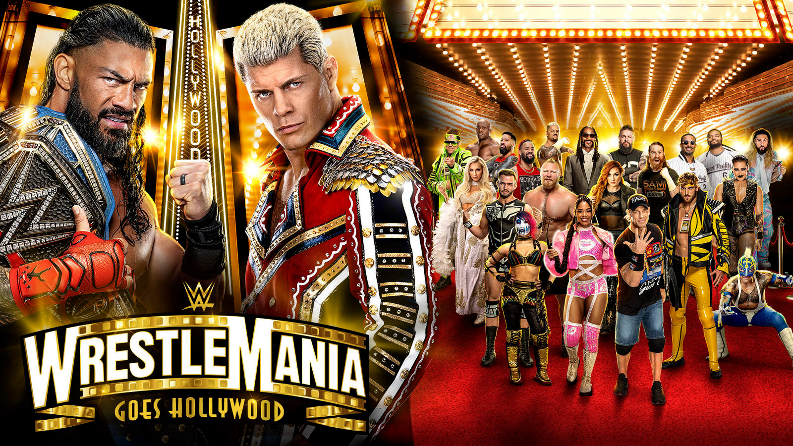 WWE Wrestlemania 39 "Goes Hollywood"  On left, the Undisputed WWE Universal Champion Roman Reigns and Cody Rhodes which is the main event of Night 2.   On the right are other WWE superstars & celebrities  (From Back left) The Miz, Bobby Lashley, The Undisputed WWE Tag Team Champions Jimmy and Jey Uso, Solo Sikoa, Snoop Dog, Kevin Owens, Sami Zayn, Montez Ford & Angelo Dawkins of The Street Profits, Seth 'Freakin' Rollins, SmackDown Women's Champion Charlotte Flair, Brock Lesnar, 1/2 of the WWE Women's Tag Team Champions Becky Lynch, Rhea Ripley, The United States Champion Austin Theory, Logan Paul, Rey Mysterio, Asuka, The RAW Women's Champion Bianca Belair and John Cena.