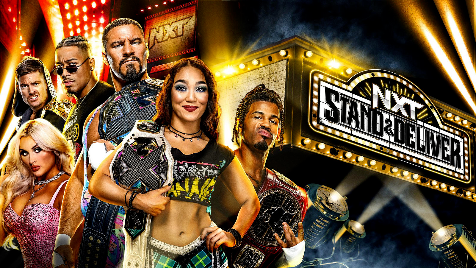 NXT Stand & Deliver featuring:  Grayson Waller, Carmello Hayes, NXT Champion Bron Breakker, Tiffany Stratton, NXT Women's Champion Roxanne Perez and NXT North American Champion Wes Lee