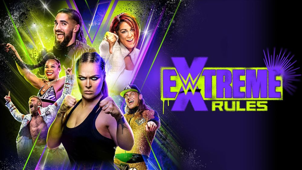 Official Promotional image for WWE Extreme Rules 2022. A purple and green colour pallet featuring WWE Superstars 