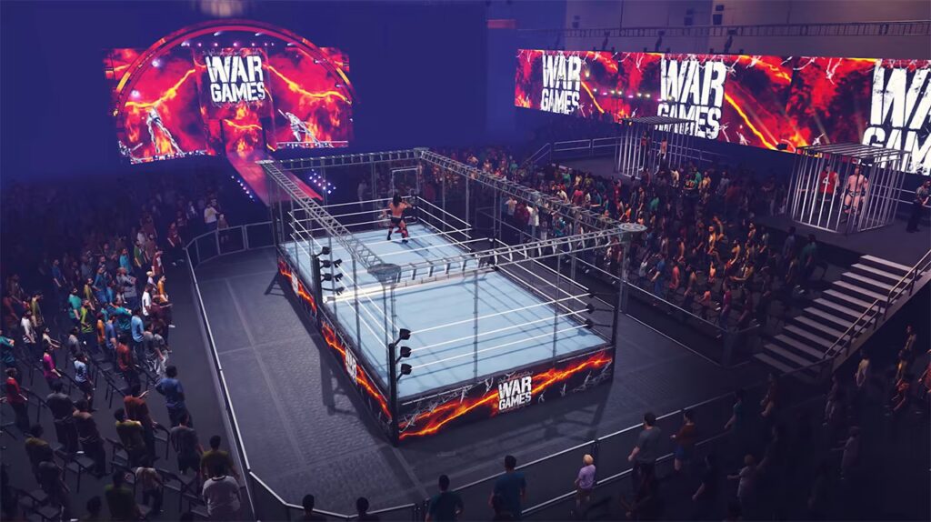 WarGames cage and ring layout from WWE 2K23. This would have been what the NXT WarGames matches looked like, but the cages (on the right of the image) would be near the entrance ramp.